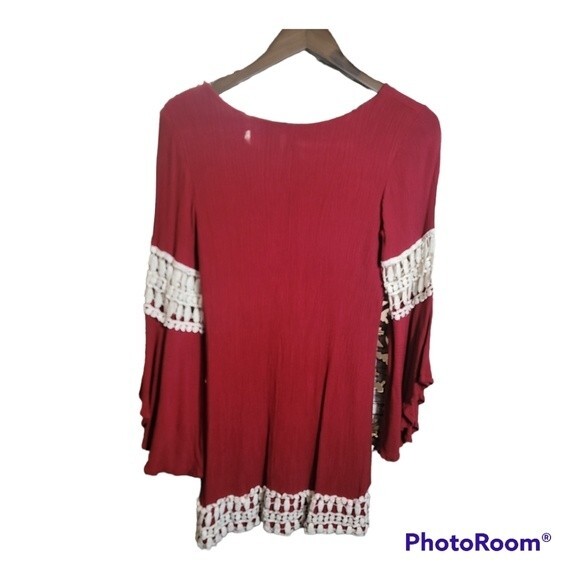 Entro Womens Burgundy Bohemian Long Bell Sleeve Dress with Crochet Accent Detail - Picture 3 of 16